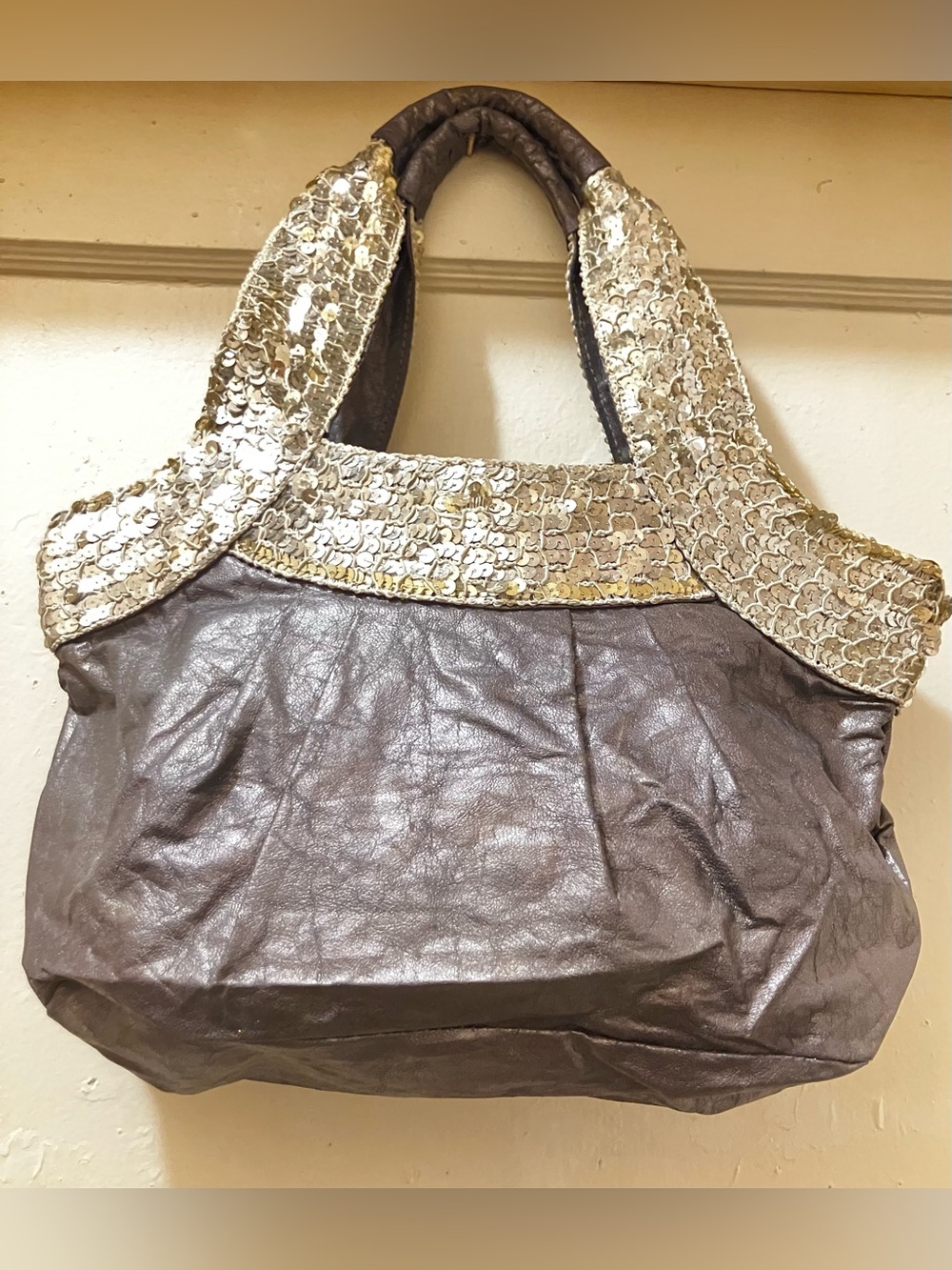 Y2K Metallic pewter Tote Bag with silver Sequin Trim